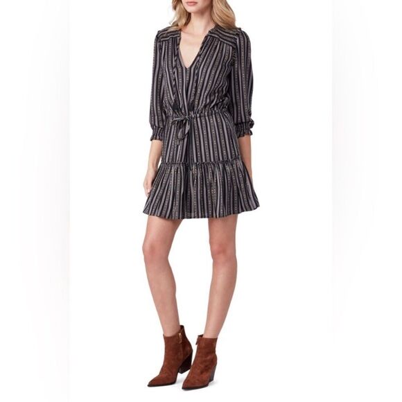 Paige Kaylynn Mini Black Multi Dress Striped Pleated V-Neck Blouse Size S - Picture 6 of 12